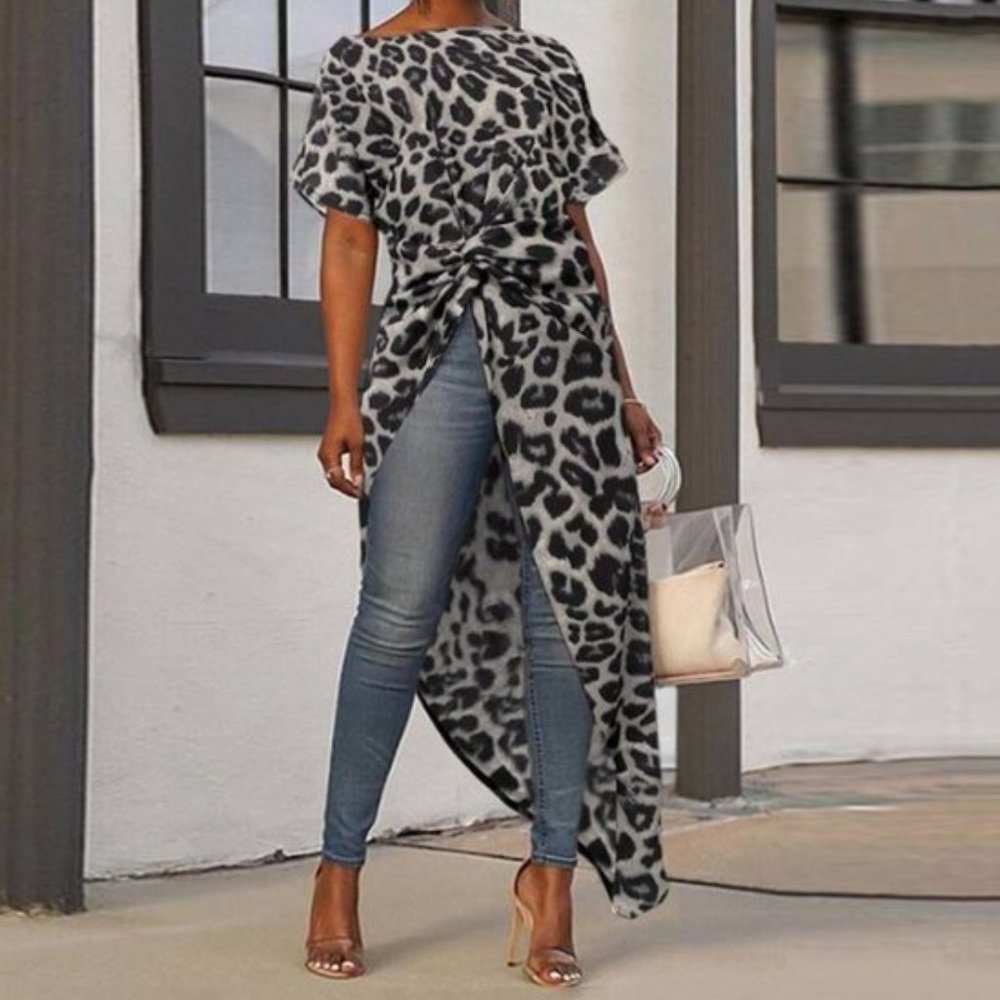Gray Leopard Print Asymmetrical Blouse